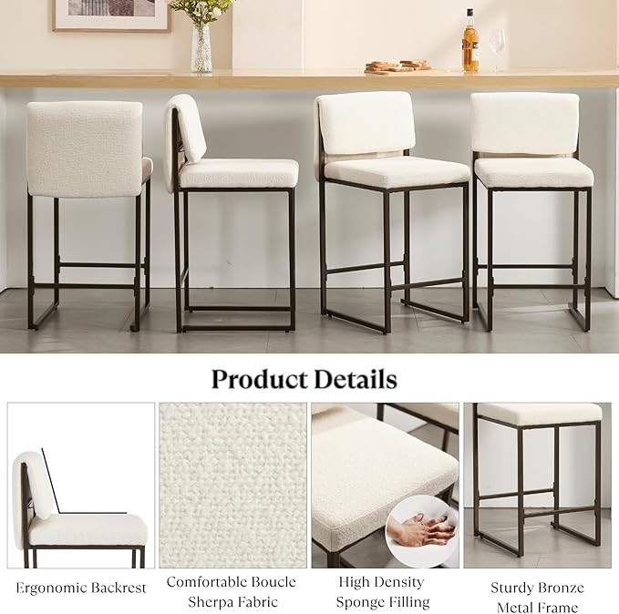 Modern Barstools Set of 2, 26” Upholstered Counter Height Bar Stools Sherpa Fabric Counter Stools with Padded Back Metal Frame for Kitchen Island Dining Room, White