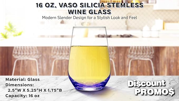 DISCOUNT PROMOS 10 Vaso Silicia Stemless Wine Glasses Set, 16 oz. - Clear, Orb-Like, Thick base - Purple