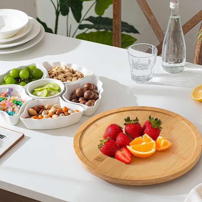 7-Piece Divided Serving Tray Set for Party, 12-Inch Rotating Serving Tray for Dining Table with Removable Dividers, Lazy Susan Platter for Charcuterie, Appetizers & Snacks