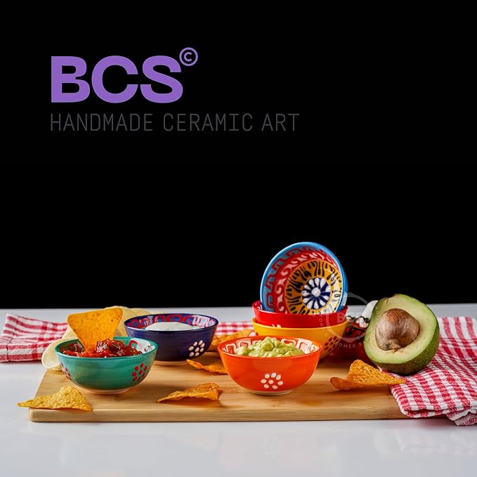 BCS Ceramic Salsa Bowls Set of 6 Small Pinch Bowls for Dipping, Cooking Prep & Charcuterie Board, Soy Sauce Dish, Multicolor Handmade Decorative Mini Serving Dishes Dishwasher Safe (3.2''-3 oz)