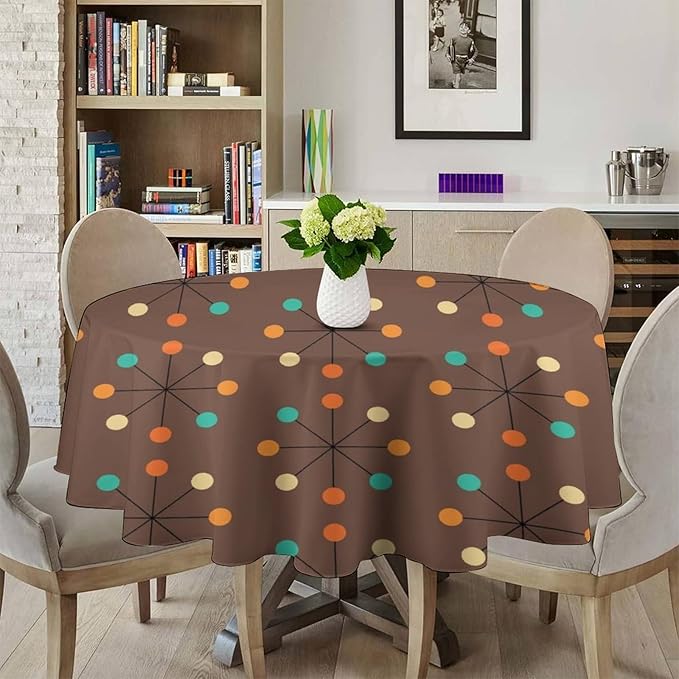 Mid Century Boho Round Tablecloth, 50s Mid Century Modern Geometric Pattern Tablecloth for Home Party Dining Room Kitchen Decor 36Inch(90cm)