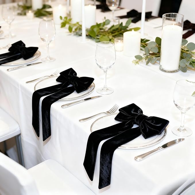 Bow Napkin Rings Set of 6 Luxury Soft Black Velvet Napkin Holders, Elegant Bow Design for Christmas Holiday Dinner Wedding Party Table Decor