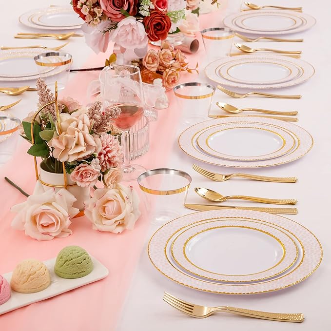 Ciaell 150PCS Pink Plastic Plates – Disposable Pink and Gold Plates Set include 50Plates, 25Forks, 25Knives, 25Spoons, 25Cups for Wedding & Party & Valentine's Day