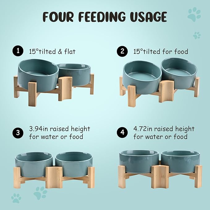 SPUNKYJUNKY 15° Slanted Ceramic Dog and Cat Bowl with Wooden Stand, Tilted Bulldog Food and Water Bowl No Slip Non-Spill for Cats Medium Dogs Big Face Pets 28.7 OZ (3.6 Cups, Light Green × 2)