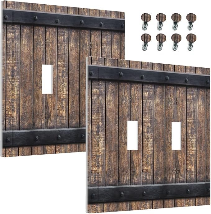 Decorative Light Switch Cover Rustic Barn Door Vintage Country Wood Board 2 Gang Wall Plate Double Toggle Switch Plate Receptacle Electrical Outlet Cover Switchplate for Farmhouse Cabin（2 Pack）