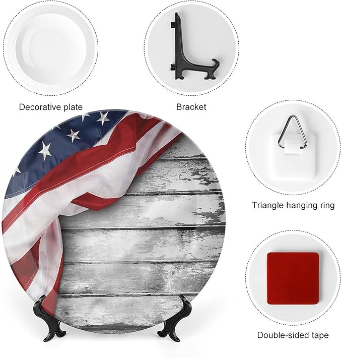 Ceramic Plates, American Flag Decorative Ceramic Plates, Flag on Wood Planks, 10 Inch, Household Plates Decorative, Multicolor