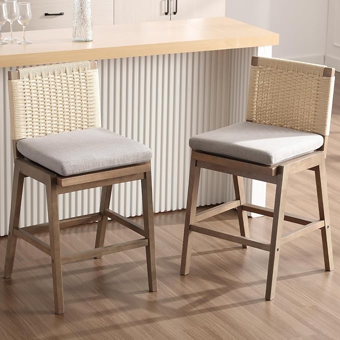 Mid Century Modern Counter Height Barstools Set of 2, 27” Linen Upholstered Counter Stools with Rope Woven Back Wooden Farmhouse Bar Stools for Kitchen Island Dining Room,Grey