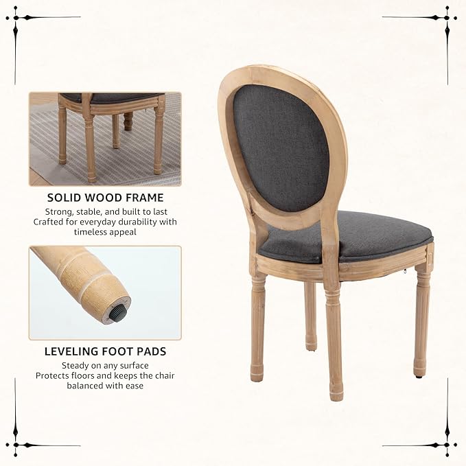 Vintage French Dining Chairs Set of 8, Round Back Accent Chairs with Linen Seat and Solid Wood Frame, Farmhouse Sillas de Comedor Upholstered for Dining Room & Kitchen, Gray