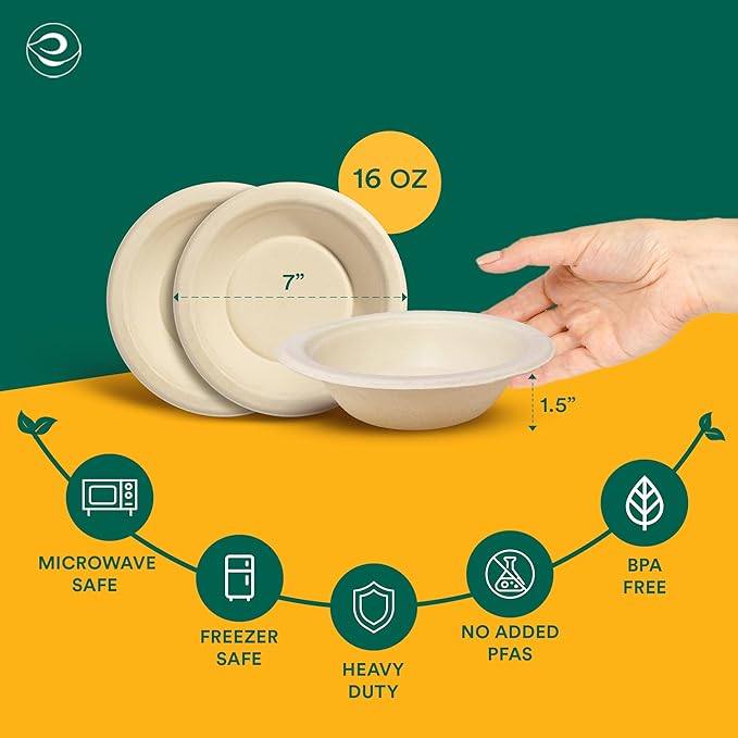 ECO SOUL 100% Compostable 16 Oz Soup Bowls [100-Pack] Disposable dessert bowls I Heavy duty paper bowl I Eco-friendly salad bowl I Biodegradable large Bowls