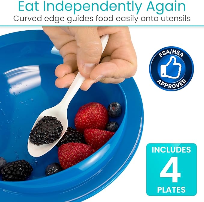 Vive Spill-Proof Scoop Plate, 9" (4 Pack) - Dish with Wall for Disabled, Handicapped, Elderly Adults with Special Needs from Parkinsons, Dementia, Stroke, Tremors with - Non Skid Padded Bottom