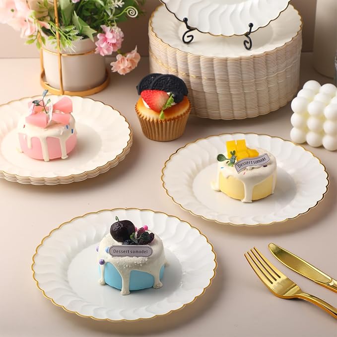 Mifoci 200 Pcs 7.5 Inch Ivory with Gold Rim Plastic Disposable Plates Bulk Salad Dessert Appetizer Cake Plates Elegant Fancy Plastic Tableware for Party Holiday, Wedding, Catering Table Decoration