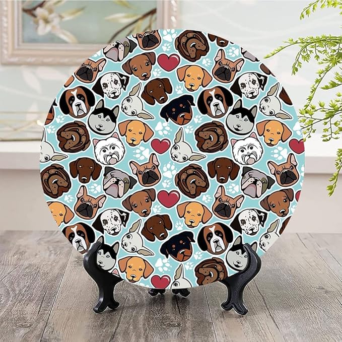 Ceramic Plates, Dog Lover Decorative Ceramic Plates, Canine Breeds Bulldog Chihuahua Siberians and Retriever, 10 Inch, Household Plates Decorative, Multicolor