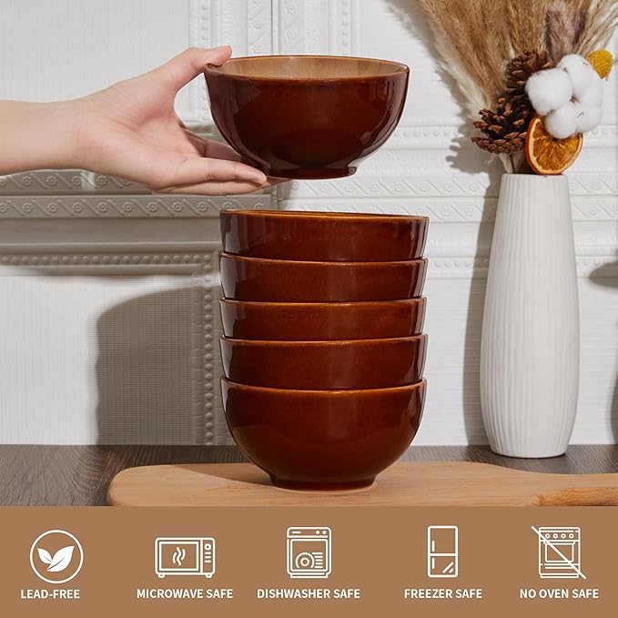 Reactive Glaze Bowls Set of 6, Microwave and Dishwasher Safe Bowls, Stoneware Soup Bowls, Kitchen Bowl Set for Cereal Soup Rice Pasta Salad Oatmeal, Brown and Yellow