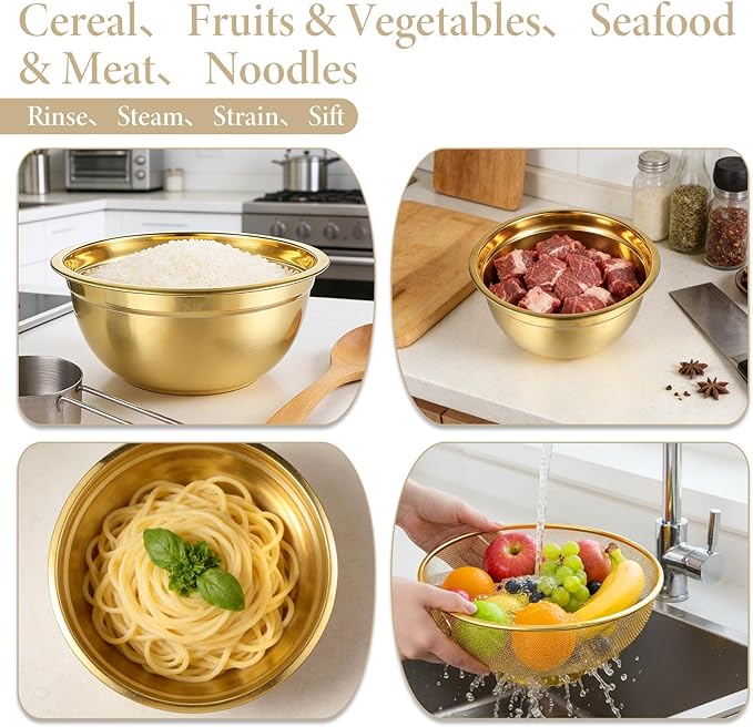 5 Pack Gold Mixing Bowls with Airtight Lids, Stainless Steel Mixing Bowl Set with Colander, Gold Nested Bowl, Metal Nesting Organizers, for Baking Prepping and Serving Food, Size 1.5, 2.0, 2.5, 4.0 Qt