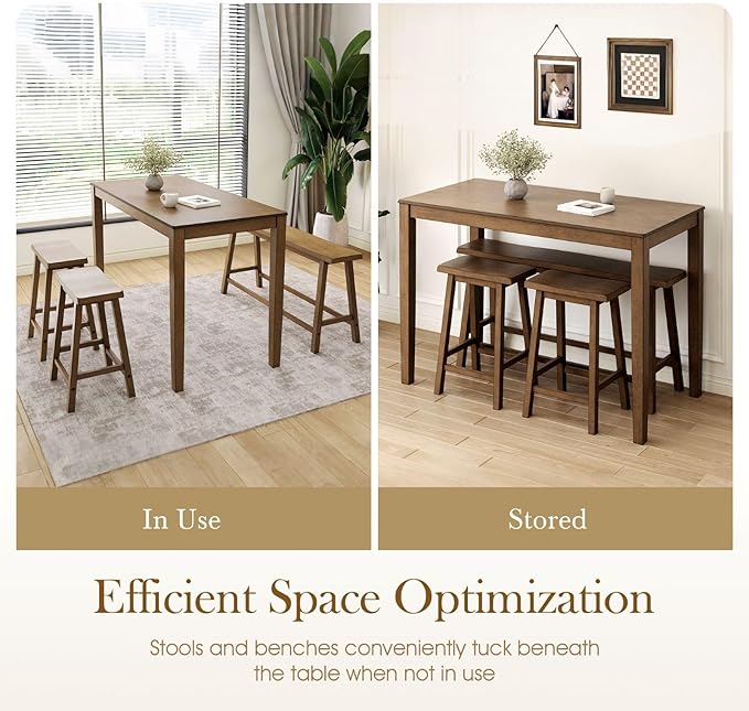 Sophia & William Dining Table Set for 4, Wooden Kitchen Table Set with Bench and 2 Chairs, Space-Saving Breakfast Dining Sets,Rustic Caramel