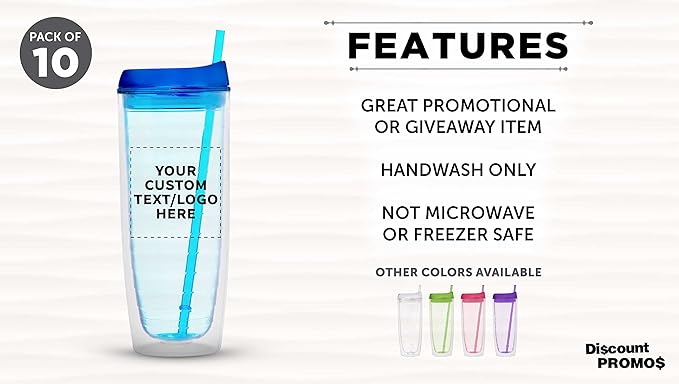 Custom Tall Orbit Acrylic Tumblers 20 oz. Set of 10, Personalized Bulk Pack - Perfect for Iced Coffee, Soda, Other Hot & Cold Beverages - Blue