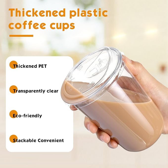 50 Sets 16 oz Clear Plastic Cups with Strawless Sip Lids, Thickened Clear Disposable Plastic PET Crystal Cups for Iced Coffee, Smoothie, Cold Beverage, Drink Shops and Party Catering