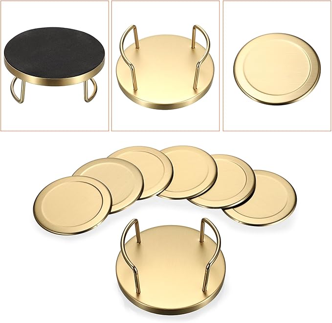 JUXYES Set of 6 Stainless Steel Round Coasters with Holder & Sponge Bottom, Golden Metal Cup Coasters Set Stunning Cool Coaster Cups Mats Decor for Restaurant Kitchen bar Dining Table