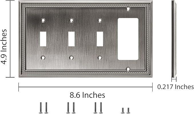 Henne Bery Sunken Pearls Heavy Duty Decorative Wall Plate Switch Plate Outlet Cover (Triple Toggle/Single Decorator, Heirloom Silver)