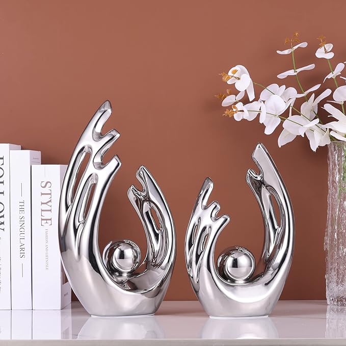 12"H Modern Silver Home Accent, Ceramic Tv Stand Centerpiece Decor, Mid Century Modern Abstract Aesthetics Silver Desk Accessories, Office Table Party Decor