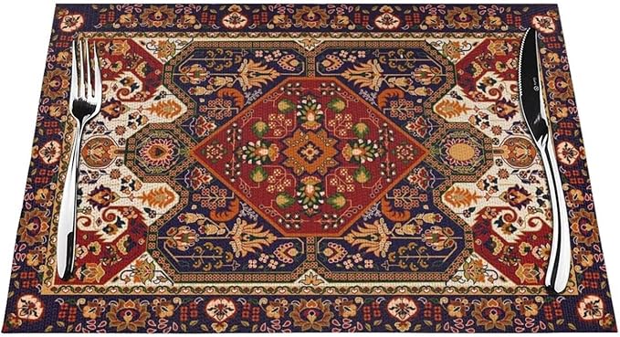 Persian Design Placemats Set of 6 Tribal Texture Boho Persian Rust Wipeable Table Mats Reusable Washable PVC Rectangle Place Mats for Kitchen Dining Home Decor 12x18 Inches
