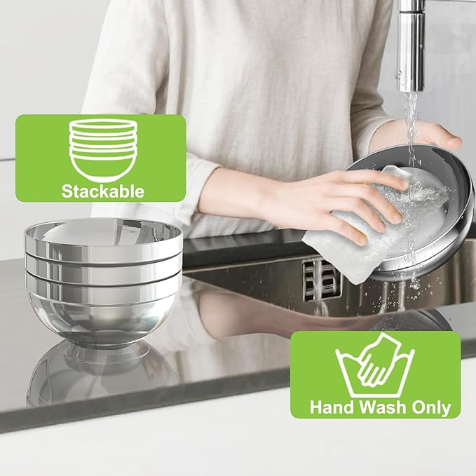 Stainless Steel Bowls, 4 Pack 7.8in 64.2oz 1900ml Large SUS304 Double Wall Insulated Stackable Metal Hot Soup Bowl Containers for Dishes Serving Cereal Snacks Ice Cream Food Rice Salad