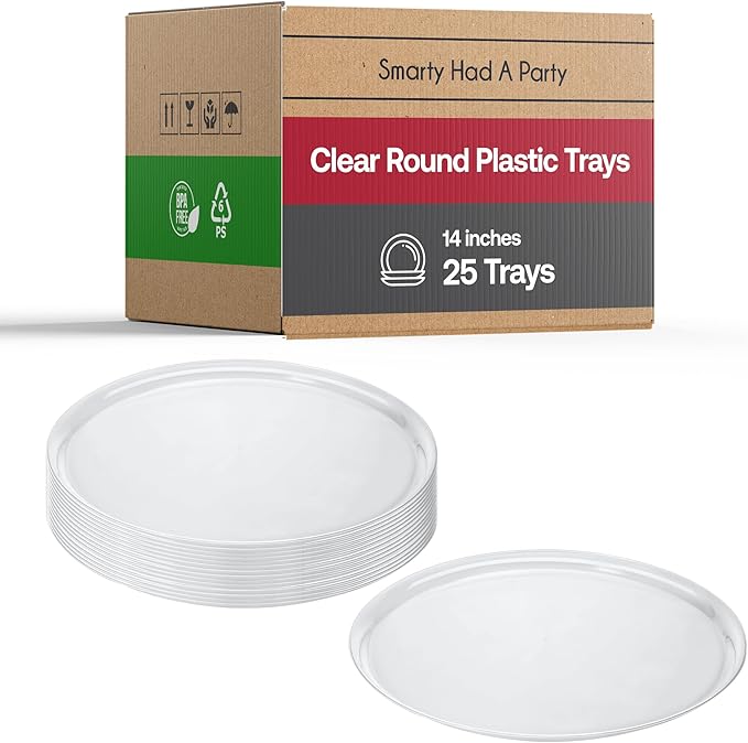 Smarty Had A Party 14 Inch Clear Round Plastic Serving Tray – Elegant Party Platters & Plastic Serving Trays for Catering, Weddings & Buffets, Heavy-Duty Disposable Serving Platters – Set of 25