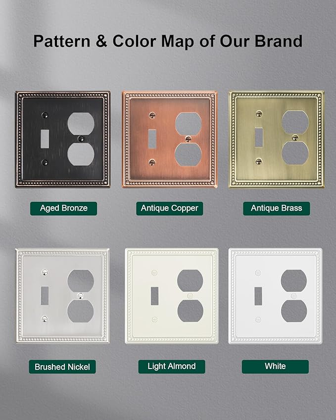 2-Pack Combo Toggle/Duplex Light Switch Cover Plate, Light Almond Metal Wall Outlet Cover Plate, Decorative Classic Beaded Wall Socket Receptacle Cover for Electrical Outlets, Light Switch