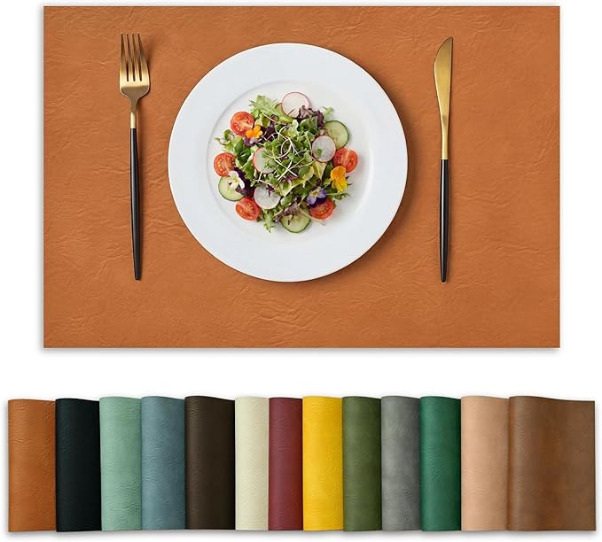 Artoid Mode Rust Faux Leather Placemats Set of 4, 12x18 Inch Waterproof Wipeable Heat Resistant Vinyl Place Mats, Reversible Table Mats for Fall Kitchen Dining Decor