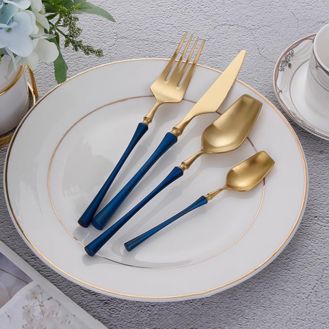 32 Piece Gold Silverware Set for 8 Durable 18/8 Stainless Steel Flatware Set Slim Waist Blue Handles Cutlery Set Include Spoons Knifes Forks Kitchen Wedding Restaurant ZILNEHZ