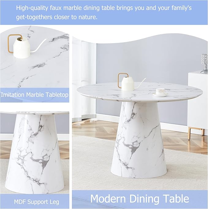 Round Dining Table Set for 4, 45" Modern Faux Marble Kitchen Table and Upholstered Chairs, 5 Piece Small Circle Dinette Set for Dining Room, Kitchen (White)