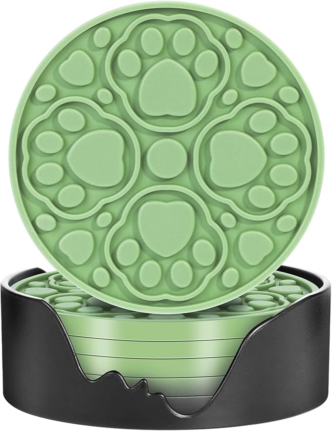 6 Pack Green Silicone Coasters with Holder, 4 Inches Non-Slip Decorative Coaster for Tabletop, Desk Dishwasher Safe Cup Mat for Bar, Drinks, Beer, Coffee