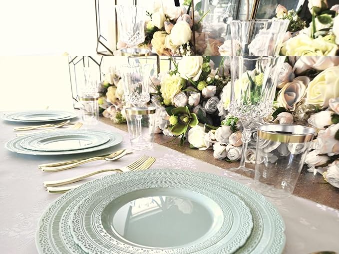 " OCCASIONS " 150pcs set (25 Guests)-Extra Heavyweight Vintage Wedding Disposable/Reusable Plastic Plates -25 x 11'' + 25 x 8.25'' +Silverware (Chateau in Mint)