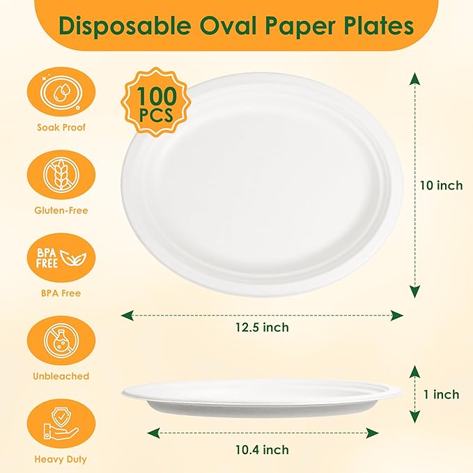 Disposable Oval Paper Plates, 100Pack 12.5inch Biodegradable Large, Compostable Heavy Duty Bagasse Platters Eco-Friendly Sugarcane Plates for BBQ, Party, Picnic - White