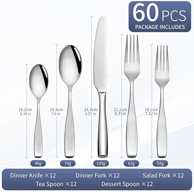 60-Piece Stainless Steel Flatware Set for 12, 18/10 Silverware Set, Heavy Silverware Set for 12, High End Flatware, Mirror Polish, Dishwasher Safe, Ideal for Gift