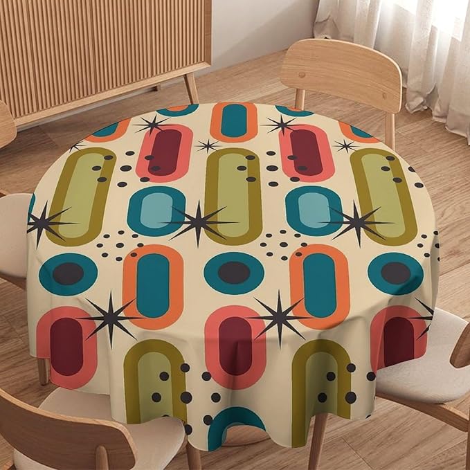 Mid Century Bohemian Round Tablecloth, Modern Medieval Geometric Abstract Print Tablecloth for Home Party Dining Room Kitchen Decor 36Inch(90cm)