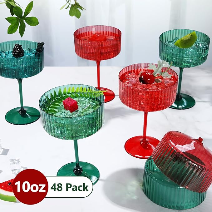 48 Pcs Ribbed Martini Glasses 10 oz Disposable Plastic Vintage Ribbed Coupe Glasses Unbreakable Dessert Parfait Glassware for Wedding Birthday Party Supplies (Red and Green)