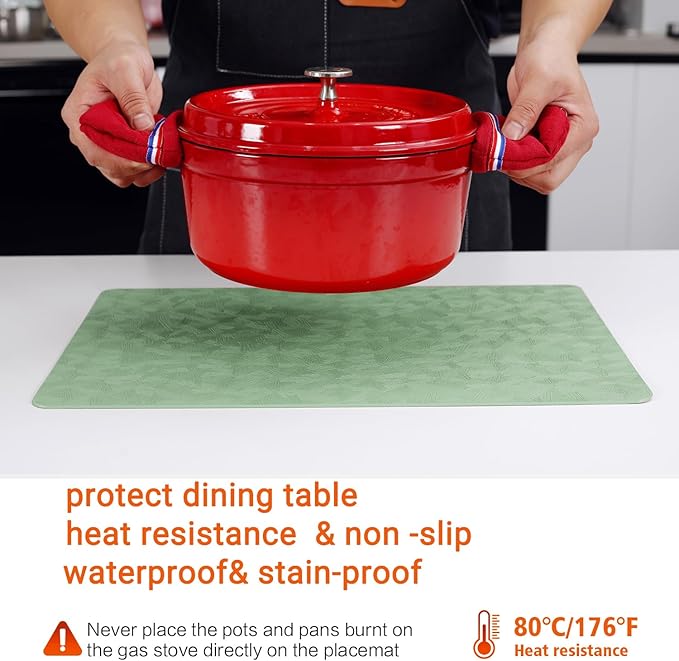 Vinyl Placemats Set of 4 Heat Resistant Easy Clean Non-Slip Place Mats for Dining Table Faux Leather Waterproof Stain Resistant Wipeable Washable PVC Table Mats(4, Green)