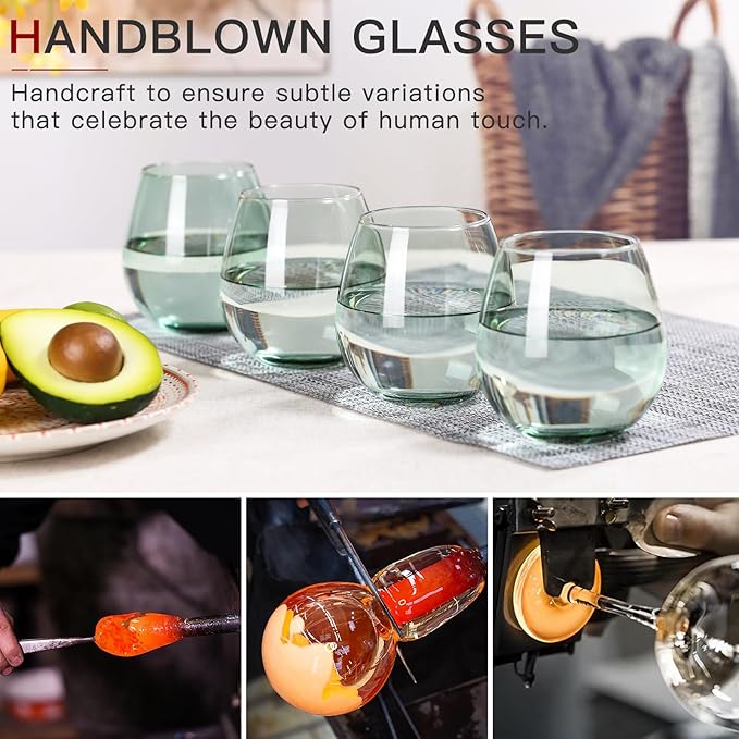 Green Stemless Wine Glasses Set of 6-15oz -Modern Hand-Blown Wine Glasses, European Design Crystal Glass For Red & White Wine, Unique Gifts for Wedding, Birthday
