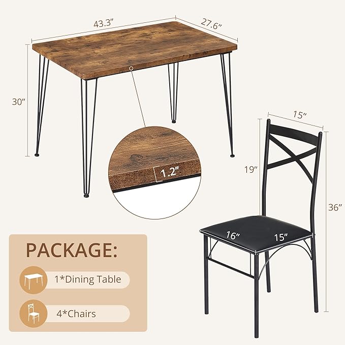 VECELO Dining Table Set for 4, Kitchen Table Set with 4 Chairs for Small Space, Space-Saving and Modern Design, Apartment, Easy to Assemble,Classic Brown