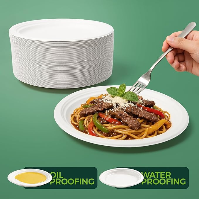 100% Compostable Paper Plates - 10 Inch, Bulk 300 Count - Disposable, Heavy Duty, Biodegradable Plates Made of Bagasse - Eco-Friendly, Large Size (White)