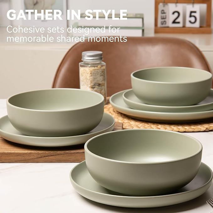 12-Piece Stoneware Dinnerware Set with Mugs | Microwave and Dishwasher Friendly | Stackable Matte Glaze Plates & Bowls | Service for 3 (Green for 3)