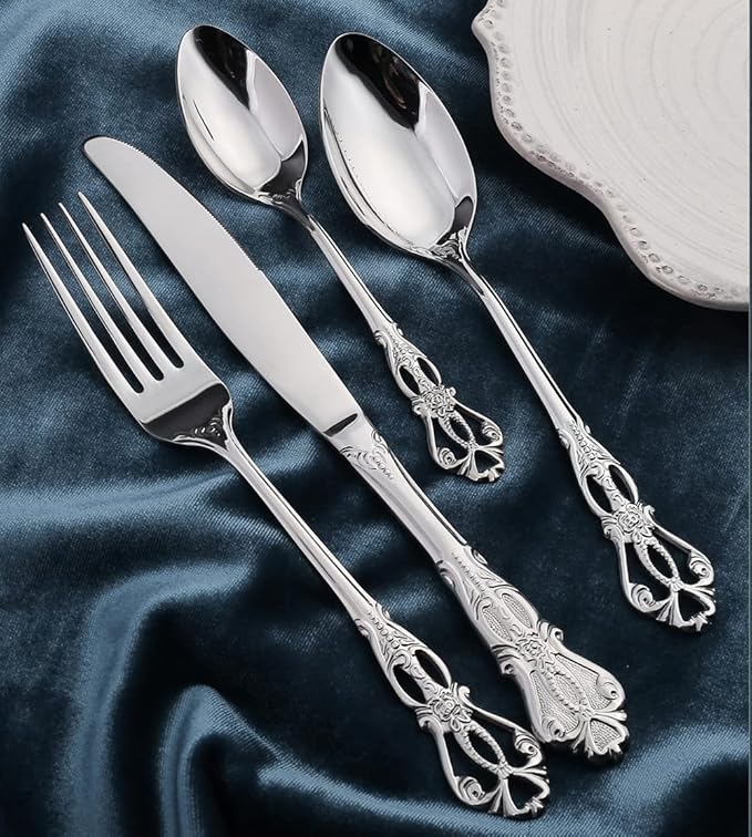 Silverware Set for 8 Stainless Steel Flatware Set Palace Style Hollow Relief Decoration 32 Piece Cutlery Utensils Include Knives Forks and Spoons Tableware Set for Home Kitchen Restaurant Party