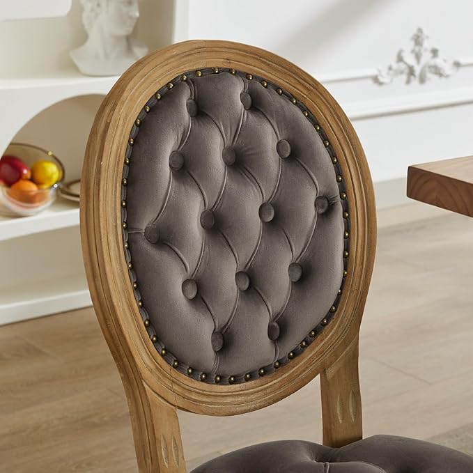 Ball & Cast French Vintage Upholstered Dining Chairs Set of 2, Button Tufted Kitchen Side-Chairs with Carved Antique Wood Frame & Nailhead Trims, 2-Piece Curved Backrest Louis Chair, Velvet Gray