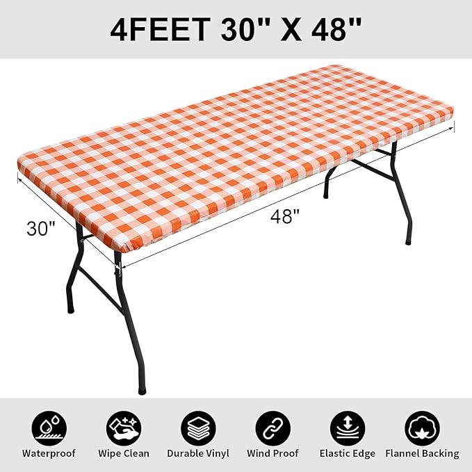 Smiry Rectangle Picnic Table Cloth, Elastic Waterproof Fitted Vinyl Tablecloths, Flannel Backed Buffalo Plaid Table Covers for Dining, Camping, Outdoor, Thanksgiving (White and Orange, 30" x 48")