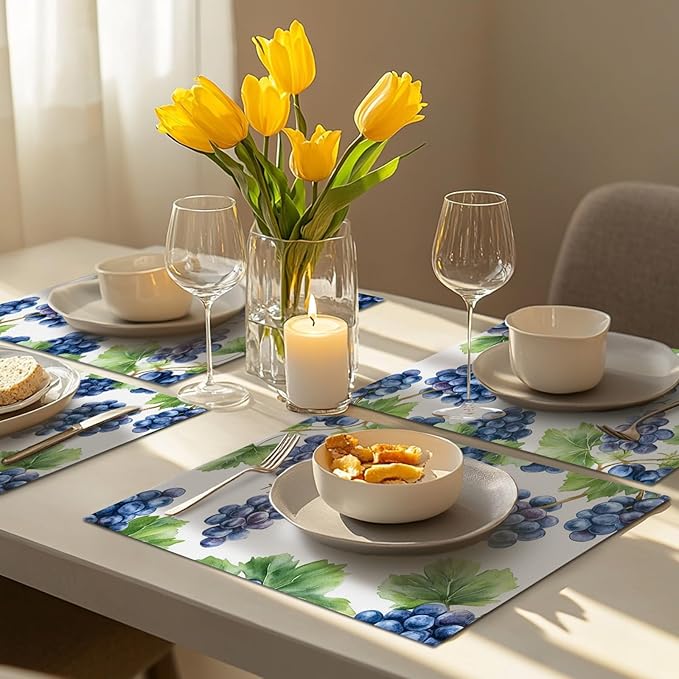 Grape Placemats Set of 4, Blue Grapes Place Mats, Fruit Waterproof Washable Table Mats for Home Party Indoor Kitchen Dining Table Decoration 12x18 Inch
