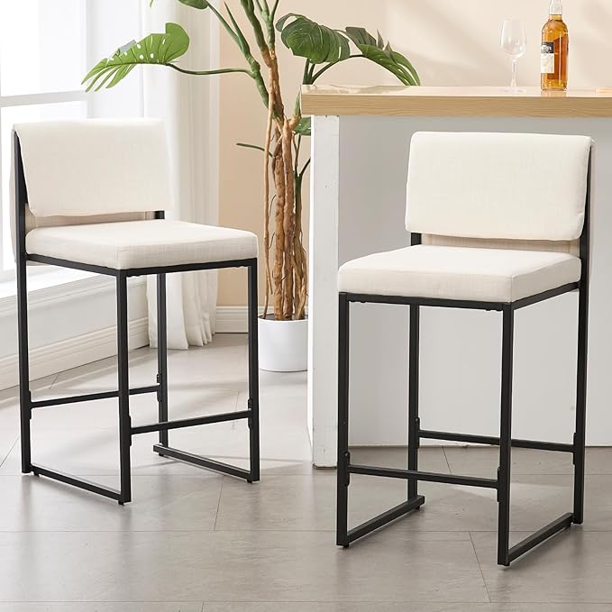 Modern Barstools Set of 2, 26” Upholstered Counter Height Bar Stools Linen Fabric Counter Stools with Padded Back Metal Frame for Kitchen Island Dining Room, Beige