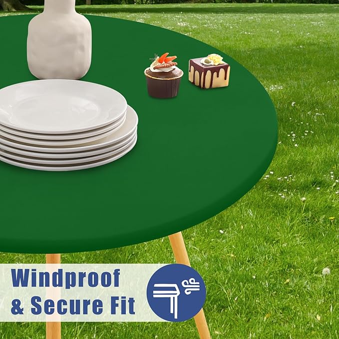 Round Spandex Tablecloth 2 Pack, Elastic Fitted Waterproof Tablecloths for 18"-24" Tables, Stretch Washable Picnic Table Cover for Camping, Dining, Indoor and Outdoor, Emerald Green