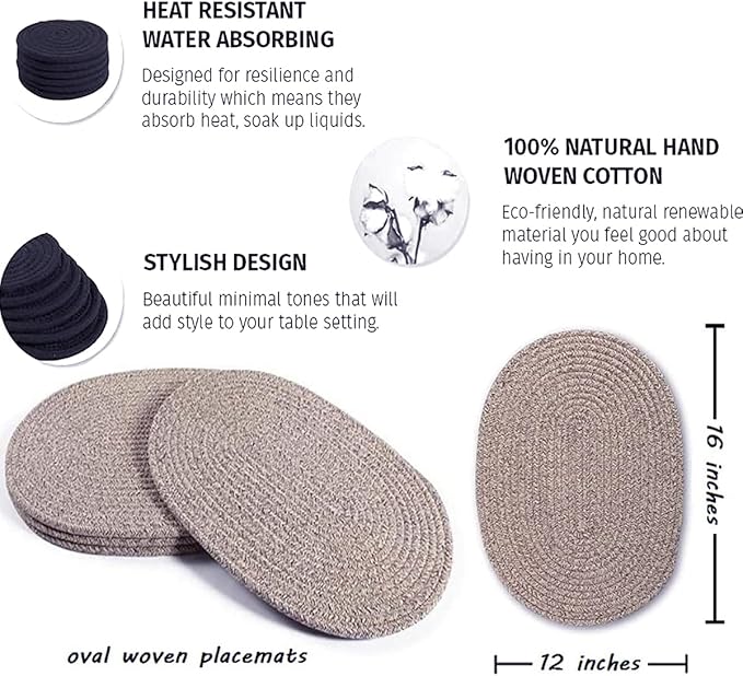 Braided Placemats Set of 6, Cotton Fabric Oval Table Mats Non Slip Washable 16 * 12 inch Oval Place Mats, 6 Pack Mix Brown Rope Woven Placemats