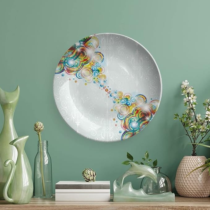 Ceramic Display Plate, Abstract Ceramic Hanging Decorative Plate, Modern Design Rainbow Waves Circles Patterned, 8 Inch, Household Custom Ceramic Plate, Multicolor